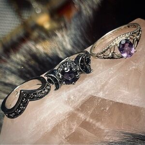Triple moon Elegant Silver and Purple Gemstone Ring Set